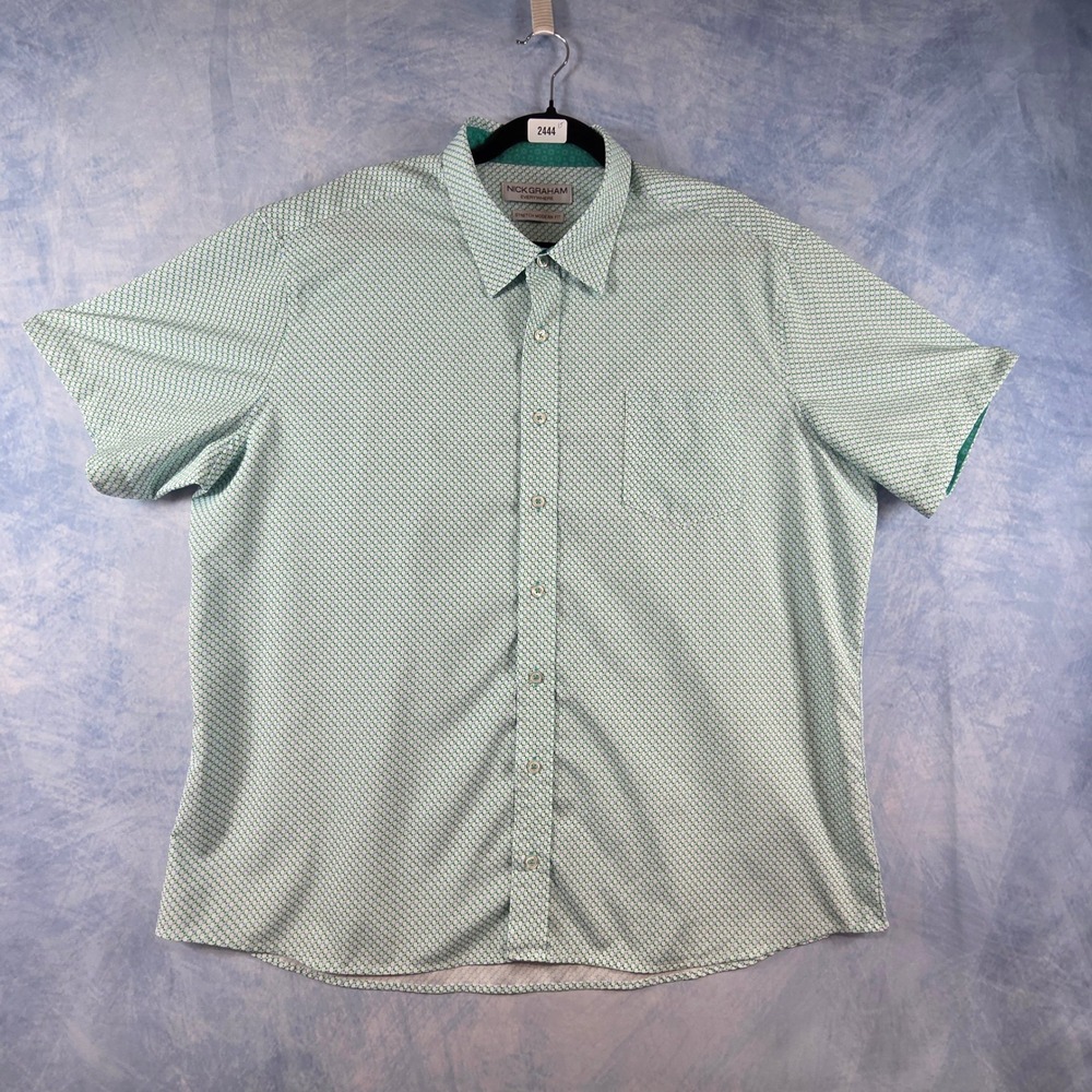 Nick Graham Everywhere Mens 2XL Green Geometric Print Short Sleeve‎ Button Down